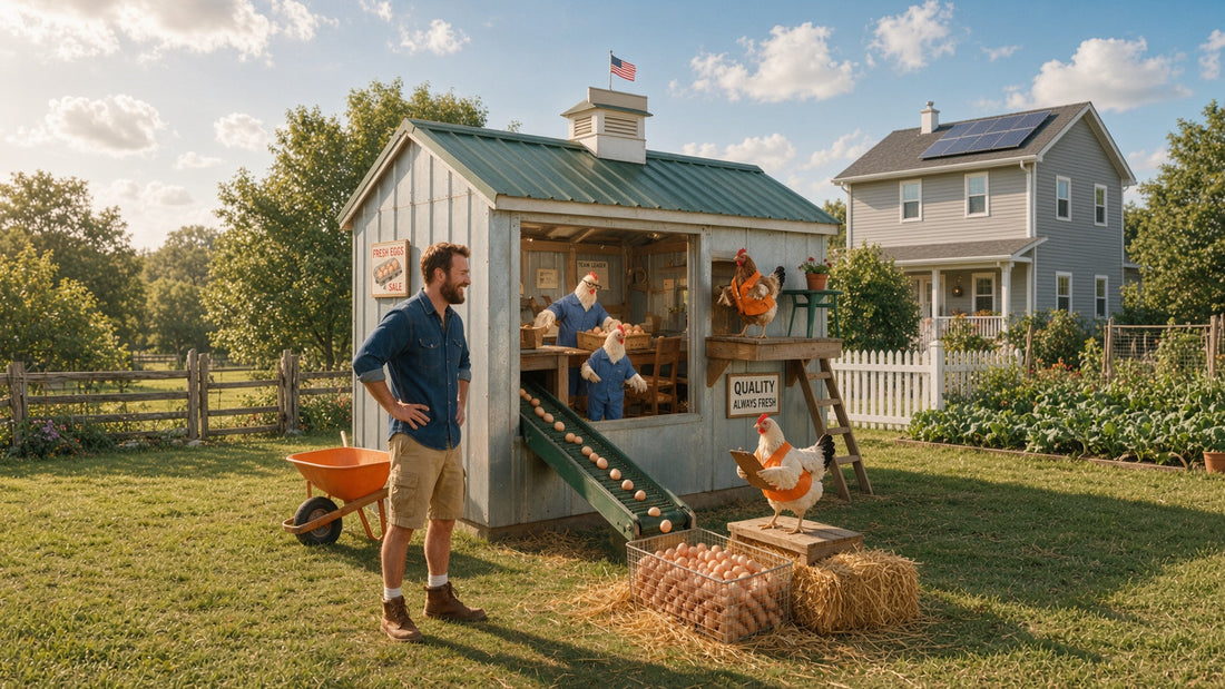 A man with an animated chicken coop producing eggs in the backyard. The hens are dressed as factory workers.